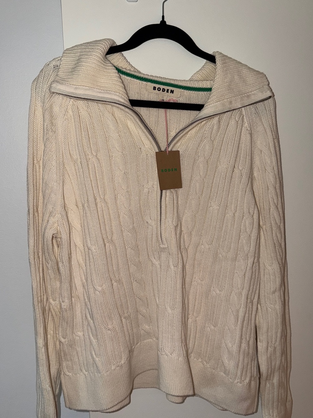 NWT Boden Ivory Cable Knit Full Zip Cardigan Sweater L